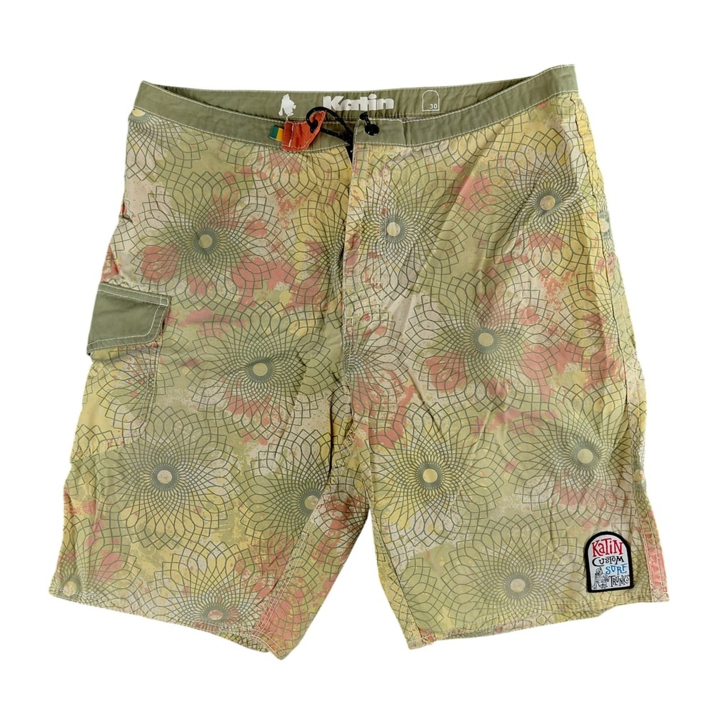 Katin‎ Mens Board Shorts Size 30 Green Orange Mandala Geometric Surf Trunks